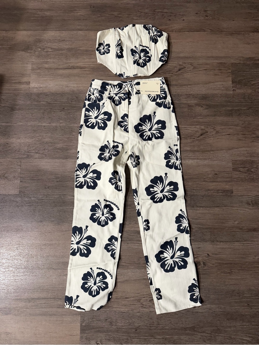 Peppermayo Cream and Black Floral Straight Leg Pants